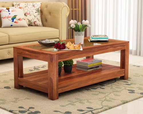 Image of Sheesham Wood Coffee Table with Glass Top Multipurpose Tea Table Wooden Centre Table for Living Room Home and Office (Wooden)