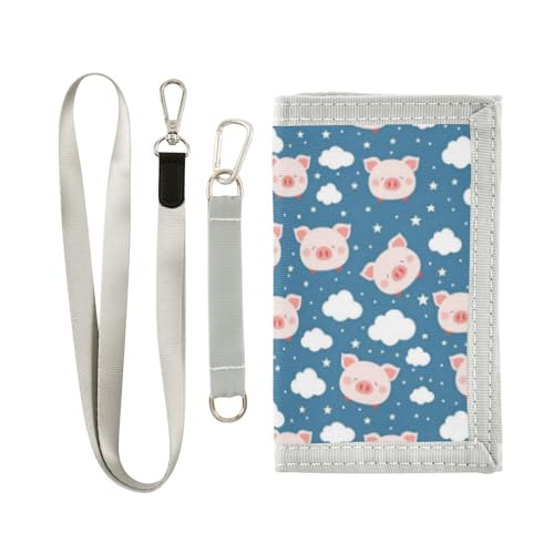 Wusikd Cute Pink Pig Face Kids Wallet for Boys Girls Clouds Stars Toddler Trifold Wallet Novelty Wallet for Teens Women Men