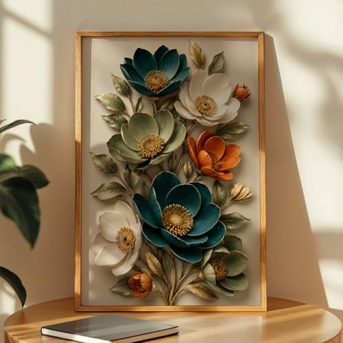 Image of NoWorries 3D Floral Wall Painting with Frame Set of 1 | Premium Textured Teal White Orange Flower Artwork, Luxury Botanical Nature Wall Decor for Living Room, Bedroom, Office and Home Decoration (3d Art-3,17x25inch)