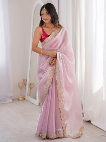 Image of AKHILAM Women's Shimmer Satin Sequence Embroidery Work Border Saree With Unstitched Blouse Piece