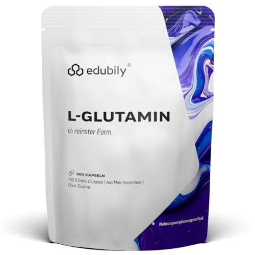 edubily® L-Glutamin Kapseln - Hochdosiert mit 750 mg pro Kapsel - Vegane Aminosäure aus Fermentation - Freies L-Glutamin ohne Zusätze - Laborgeprüft (300 Kapseln)