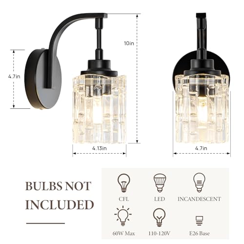 Image of Matte Black Wall Sconce, 1-Light Bathroom Vanity Light Fixture | Clear Glass Shade, E26 Base, Easy to Install, Modern Wall Light for Mirror Living Room Hallway Bedroom