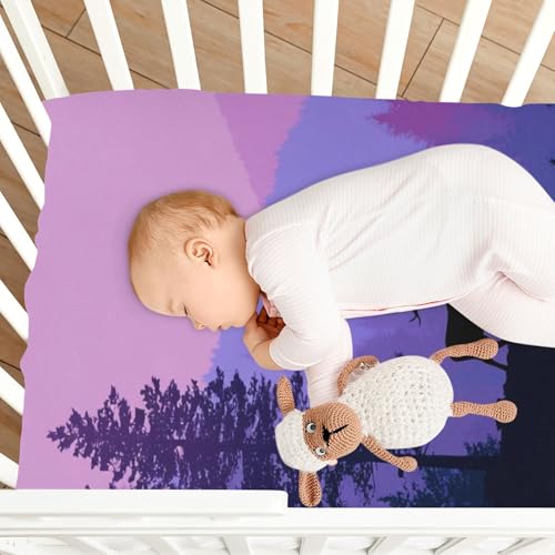Image of Crib Sheet Breathable Soft Crib Mattress Sheet for Baby Toddler Boys Girls Fitted Crib Sheet Fit Standard Crib Mattress 52 x 28 Inch Purple Stag Forest Trees