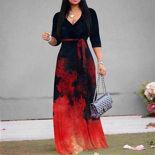 Image of PinkPatty Women's Print Maxi Dresses 3 /4 Sleeve Flowy Long Dress V Neck Wrap Tie Waist Sundress