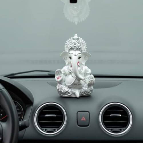 Image of JOY LAND Lord Ganesha Car Dashboard Idol | White & Gold Ganesh Murti for Car Dashboard, Home & Office Decor (White Silver)