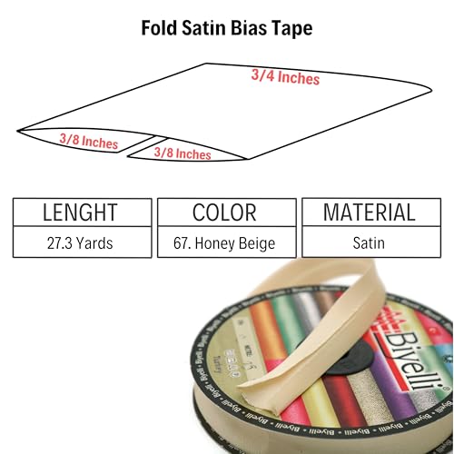 Image of Fold Satin Bias Tape - 99+ Colors - 3 /4 Inches Wide - 27 Yards - Fold Satin Binding Bias Ribbon Fabric Piping Bias Binding Tape for Sewing Clothing DIY (67. Honey Beige) BYS67