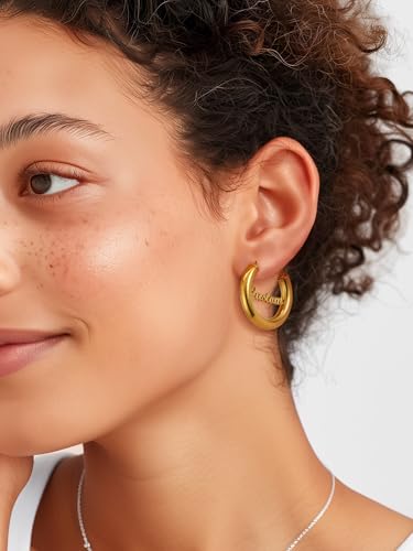 Image of Stainless Steel Chunky Hoop Earrings For Women, Minimalist and Chic, Black /Gold Plated, Round Hoops Earrings Hypoallergenic, Size: 30mm /40mm /60mm /80mm, Come with Box