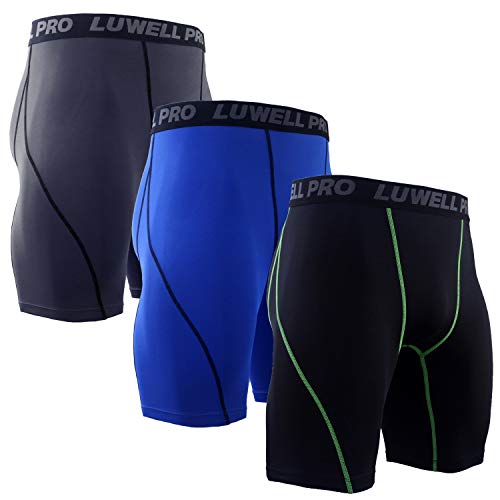 LUWELL PRO 3 Piezas Mallas Hombre de Secado Rápido para Pantalon Corto Hombre Deporte para Gym, Yoga, Running(Negro Gris Azul-XL)