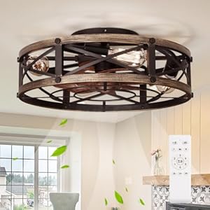 Farmhouse Flush Mount Caged Ceiling Fans with Lights, 6 Speeds, Rustic Low Profile Ceiling Fan with Light and Remote, Small Bladeless Ceiling Fans with Lights for Kitchen, Bedroom