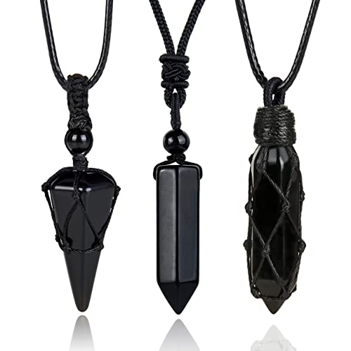 3 Pcs Healing Crystal Necklaces Set for Men Women Natural Amethyst Black Obsidian Hexagonal Point Stone Pendant Necklace Adjustable Rope Quartz Jewelry for Reiki Energy Spiritual