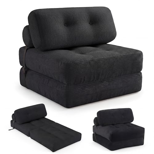 Image of COSTWAY Folding Sofa Bed with Pillow, Convertible Couch (Black) | with Backrest & Fixing Straps, Boneless Convertible Sleeper Chair for Adults, Guest Use, Living Room