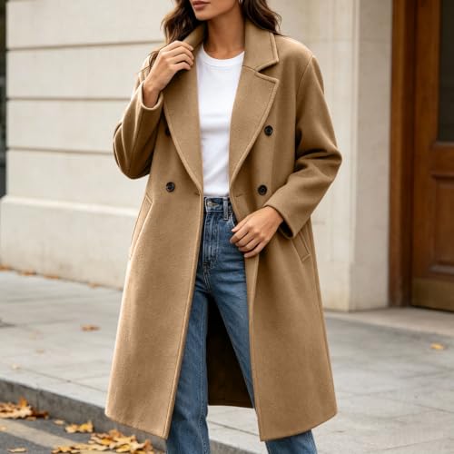 Long Winter Coats for Women Notch Lapel Double Breasted Trench Coat Peacoat - image 5
