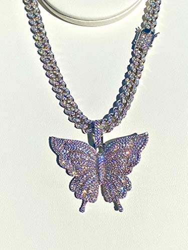 Womens 14K White Gold Finish 10Mm Miami Cuban Link Chain Choker Iced Out Butterfly Rappers Necklace Iced Prong Set Cuban Chain For Men, Miami Cuban Link Chain Choker Necklace (16" Chain & Pendant) #TOP3