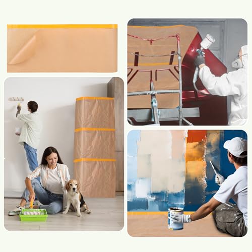 Image of 6 Pack Pre-Taped Masking Paper for Painting - 18 inch x 50 feet Tape and Drape Painters Paper, Paint Adhesive Protective Roll for Covering Skirting, Frames, Cars (6 Rolls) with ONE Dispenser