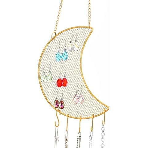 Supkeyer Earring Wall Holder With Hooks, Wall Mounted Earring Organizer Hanging Diamond Grid Shape Jewelry Display Rack for Necklaces Bracelet Earrings Display (Gold Moon) Cover