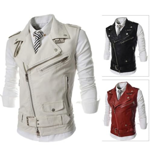 Maiyifu-GJ Men's Faux Leather Biker Sleeveless Jacket Vintage Asymmetric Zip Motorcycle Vest PU Lightweight Punk Belted Coat (Blacka2,Medium)4