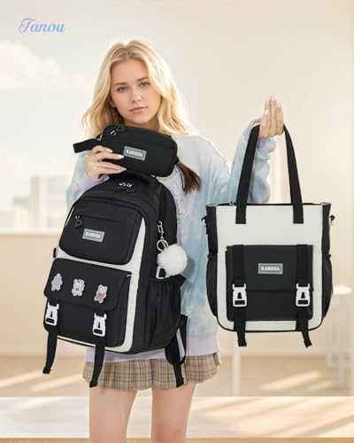 Tanou Schulrucksack Teenager Mädchen Rucksack, Schultaschen-Set mit Studenten Umhängetasche Federmäppchen, Atmungsaktiver Schulranzen Groß mit Laptopfach für 15,6-Zoll-Laptop, Schwarz