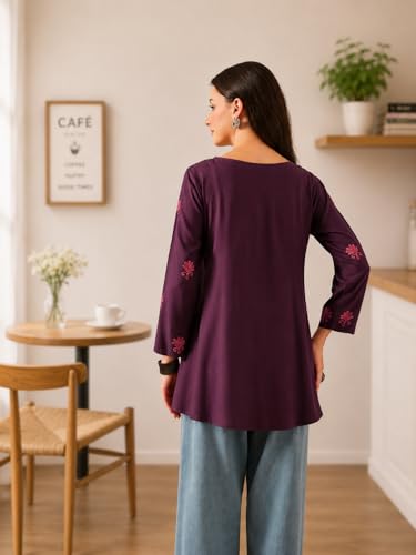 Image of QAZMI Women's Zayesha Aari Embroidered Viscose Rayon A-Line Flared Short Kurti