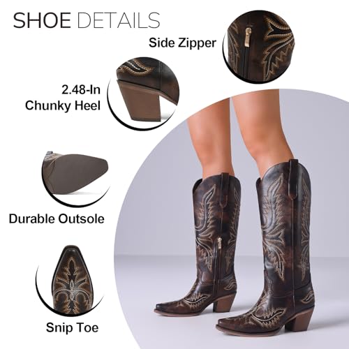 Image of Tscoyuki Cowboy Boots for Women: Embroidered Western Knee High Boots Women - Pointed Toe Chunky Heel Cowgirl Tall Boots