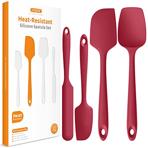 Heat Resistant Silicone Spatula Set: U-Taste 600ºF High Temp Seamless Food Grade Utensil, Flexible Rubber Silicon Kitchen Cooking Mixing Baking Scraper for Nonstick Cookware Set of 4 (Red)