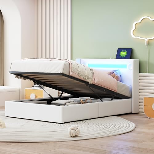 Lcoho Cama tapizada, cuna, cama con tira de luz LED, reproductor Bluetooth y carga USB, cama de almacenamiento de piel sintética, cama alta con somier (blanco, 90 x 200)