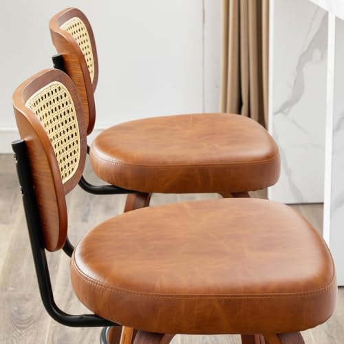 Image of Rattan Bar Stools Set of 2,Upholstered PU Leather, 30''Counter Height Barstools with Back and Wood Legs,360Swivel,Mid-Century Modern Bar Stool for kitchen Island Dining Room and Bar(Vintage Brown)