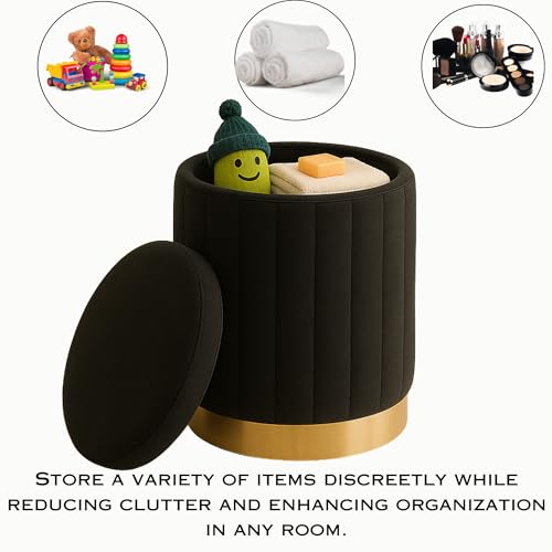 Image of Ottoman Stool with Storage, Round Dutch Velvet Cover Memory Foam Padded 32L Capacity Ottoman Bench Footrest, Pouffe, Office Stool, Makeup Chair, Vanity Chair for Living Room, Bedroom