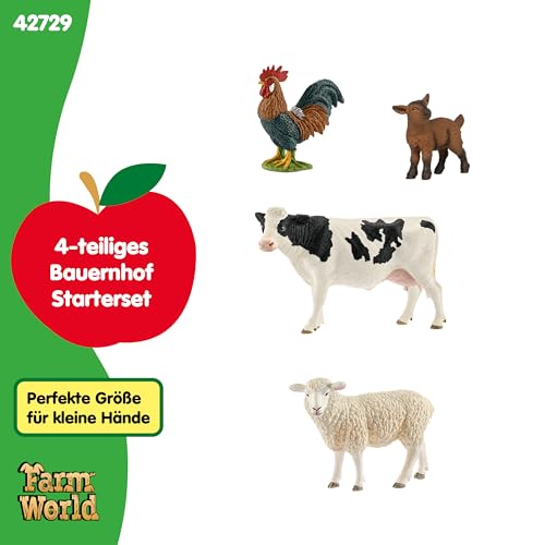 schleich FARM WORLD | Bauernhof Starterset 42729 | Spielset mit Ziege, Kuh, Schaf & Hahn | detailgetreue Tierfiguren & Sammelfiguren | Bauernhof Spielzeug ab 3 Jahren | schleich Tiere Set aus 4 Teilen