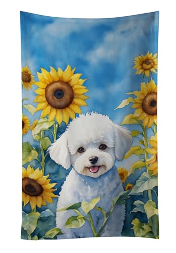 Caroline's Treasures Bichon Frise in Sunflowers Kitchen Towel Dish Cloths Guest Hand Towel Decorative Bathroom Towel for Face,Tea, Dishcloth, Kitchen and Bath