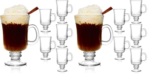 Dicunoy 12 Pack Irish Coffee Mugs, 8 oz Glass Clear Coffee Cups Stemmed, Pedestal Crystal Coffee Cup with Handle for Cappuccino, Latte, Ice Cream, Cocoa, Rum, Smoothies, Christmas Gift