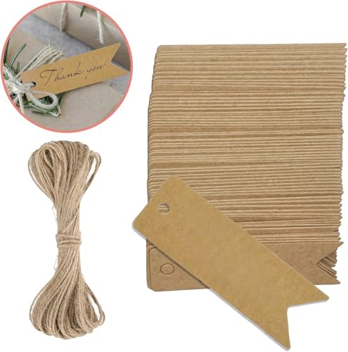 100PCS Étiquettes Papier Kraft, Étiquette Cadeaux Tags « Thank you » avec de jute 20M pour Mariage Noël Anniversaire Artisanat (marron)