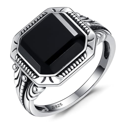 11ct 925 Sterling Silver Mens Filigree Ring Vintage Teal Turquoise/Black Onyx Rings for Men Anillos de Hombre Cocktail Wedding Promise Band Jewelry Gift Size 8-12