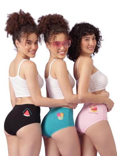 Image of Clovia Chuddy Buddies Cotton Printed Back Hipster Panties for Women Combo -Pack of 3- Multicolor