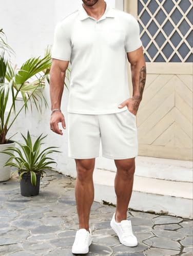 Men's 2 piece Casual outfit's Waffle Knit polo shirt's and short's set summer two pieces knitted sets2