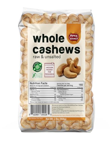 Spicy World Raw Cashews Whole 2 Pound (32Oz) - Non-Gmo, Unsalted, Natural & Pure Whole Cashews - Great For Pesto, Salads, Baking, Roasting & Cooking
