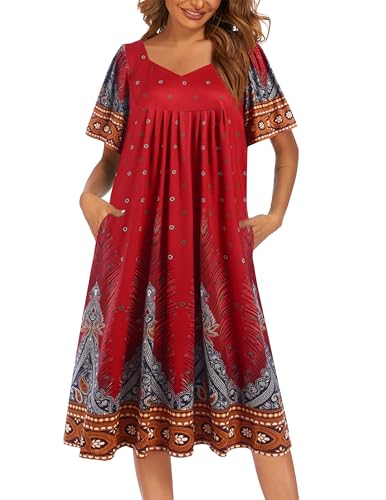 Image of Ekouaer Women's House Dress - Pleated Nightgown with Short Sleeves & Pockets