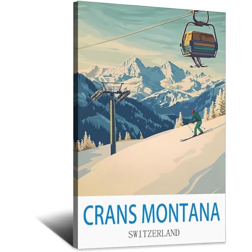 Poster Crans Montana Suisse vintage pour déco salon chalet LNBIAND