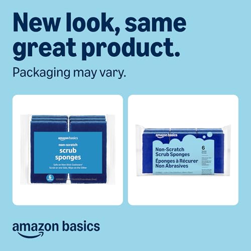 Amazon Basics Non-Scratch Dual-Sided Sponges for Nonstick Pots and Pans, Dish Scrubber, All-Purpose, 6-Pack, Packaging May Vary