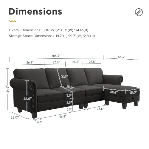 Nolany Convertible Sectional Sofa L-Shape Sectional Couch With Reversible Chaise 4 Seat Sectional Sofa Couch For Small Space Dark Grey #TOP1