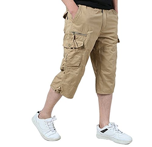 Leward Men's Casual Twill Elastic Cargo Shorts Loose Fit Multi-Pocket Capri Long Shorts (M, Khaki)