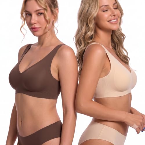 Wireless Bra Beige S V Neck Back Smoothing Comfortable Bras - image 5