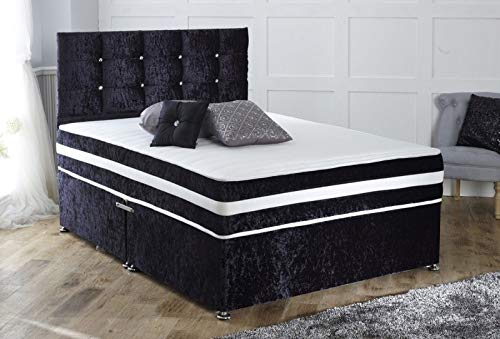 Black Crushed Velvet Fabric Divan Bed with Spring Memory Foam Mattress - Elegant Bed Frame with 20” High Headboard | 4FT6 Double Bed Base with 2 Storage Drawers