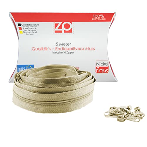 Zipp & Slide® 3 mm Endlosreißverschluss - Nickel Frei! - 5 Meter inkl. 10 Zipper, Beige Cover