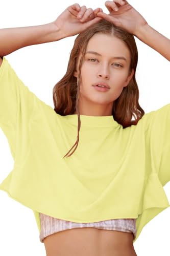 Image of HUGOOME Womens Oversized Workout Crop Top Casual Short Sleeve Boxy Roll Hem