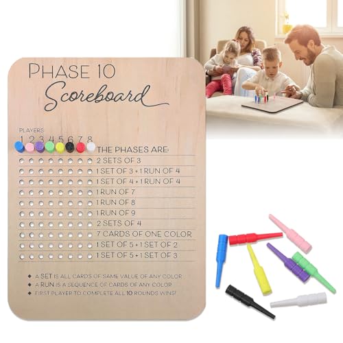 XLIUAX Phase 10 Score Board 2025 Wooden Phase 10 Scoreboard and Round Tracker with 8 Colored Pegs Fun Board Games Tracker BoardsCard Games Night Table Score for Back Yard Party Family Game