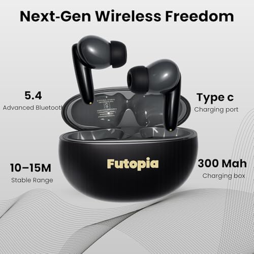 Image of Futopia Wireless Groove Bluetooth Earbuds v5.4 with Charging Case | 10mm HD Sound Drivers | Type-C Fast Charging | 4-5H Playtime | 10-15M Range | Lightweight in-Ear Headphones- Black