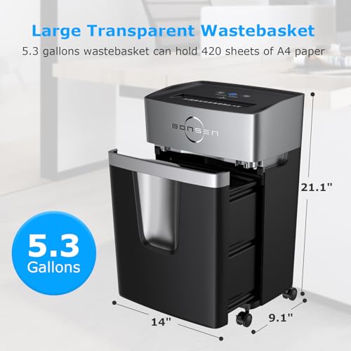 Image of BONSEN P-4 24-Sheet Micro Cut Paper Shredder for Home Office Use | 40-Minutes Running Time, 55 dB Ultra-Quiet with Anti-Jam, Shredding Shreds Credit Card /Staples, 5.3 Gallons Pullout Bin