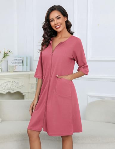 Ekouaer Women Zipper Robes Knee Length Waffle Knit Bathrobe Lightweight House Coat with Pockets 3/4 Sleeves Loungewear S-3XL3