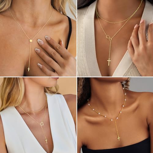 Ursteel Lariat Gold Cross Necklace for Women - Dainty 14K Gold Plated Y-Shaped Cross Pendant Necklace Long Layered Pearl Heart Necklaces Religious Christian Baptism Faith Jewelry Gifts 5