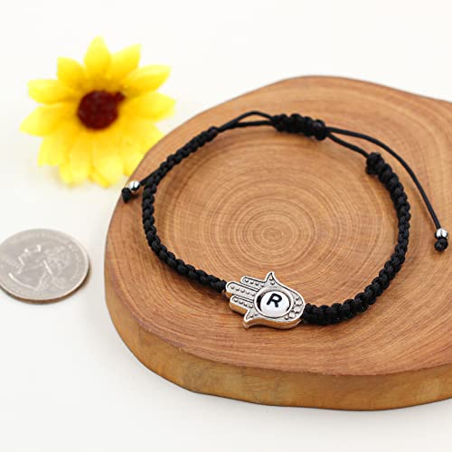 Image of Uloveido Customized A to Z 26 Letters Hand of Fatima Bracelet - Fatima Hamsa Hand Evil Eye Protection Bracelet Lucky Charm Adjustable Braided Black String